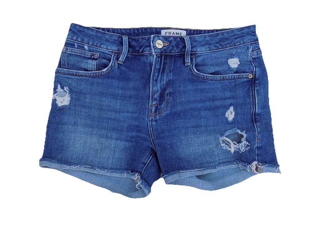 FRAME Le Grand Garcon Blue Denim Distressed Cut Off Raw Hem Shorts Size 25